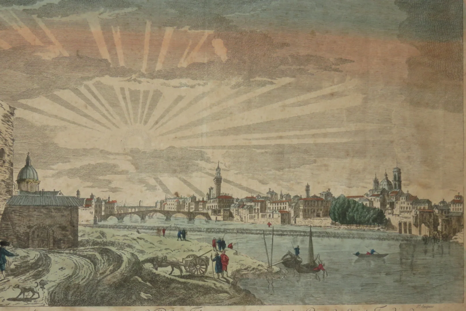 Vue De l'Arno Et De La Ville De Florence, Gravure d'Optique époque 18ème