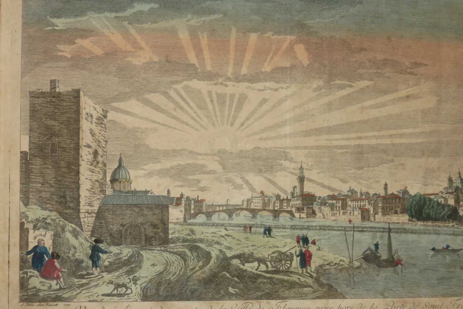 Vue De l'Arno Et De La Ville De Florence, Gravure d'Optique époque 18ème