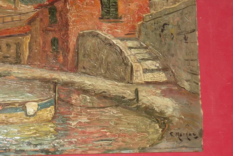 Deux barques amarrées à un quai, peinture époque début 20ème.