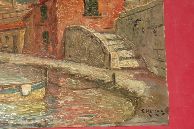 Deux barques amarrées à un quai, peinture époque début 20ème.