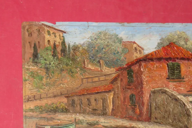 Deux barques amarrées à un quai, peinture époque début 20ème.