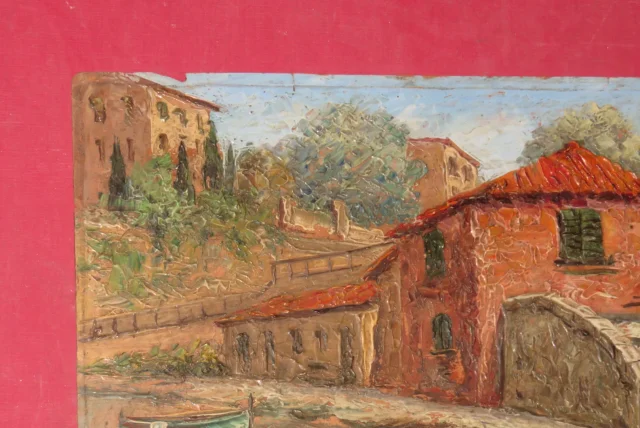 Deux barques amarrées à un quai, peinture époque début 20ème.