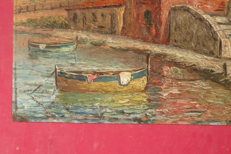 Deux barques amarrées à un quai, peinture époque début 20ème.