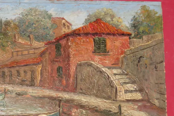 Deux barques amarrées à un quai, peinture époque début 20ème.