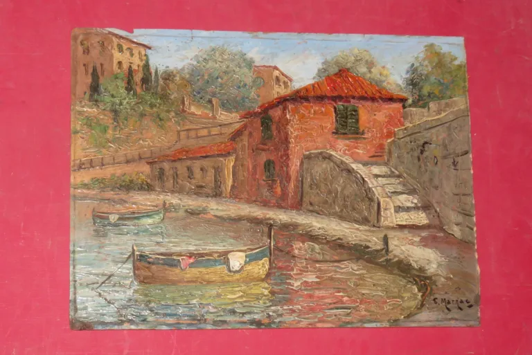 Deux barques amarrées à un quai, peinture époque début 20ème.
