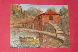 Deux barques amarrées à un quai, peinture époque début 20ème.