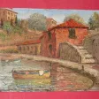 Deux barques amarrées à un quai, peinture époque début 20ème.