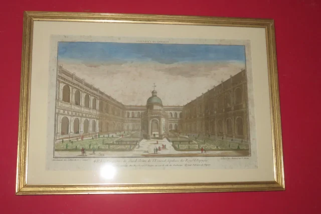" Vue du grand cloître de l'escurial, sepulture des Roys d'Espagne", vue d'optique époque 18ème.