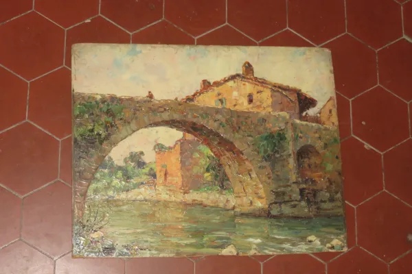 "Vieux Pont", Saint Privat, peinture sur Panneau, époque début 20 ème