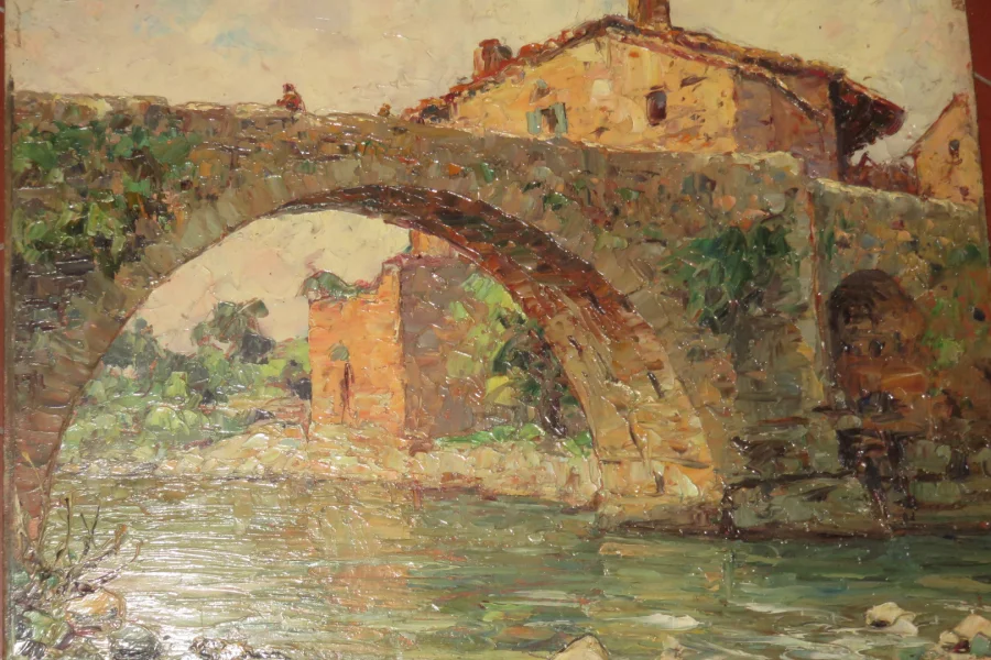 "Vieux Pont", Saint Privat, peinture sur Panneau, époque début 20 ème
