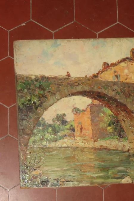 "Vieux Pont", Saint Privat, peinture sur Panneau, époque début 20 ème