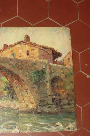 "Vieux Pont", Saint Privat, peinture sur Panneau, époque début 20 ème
