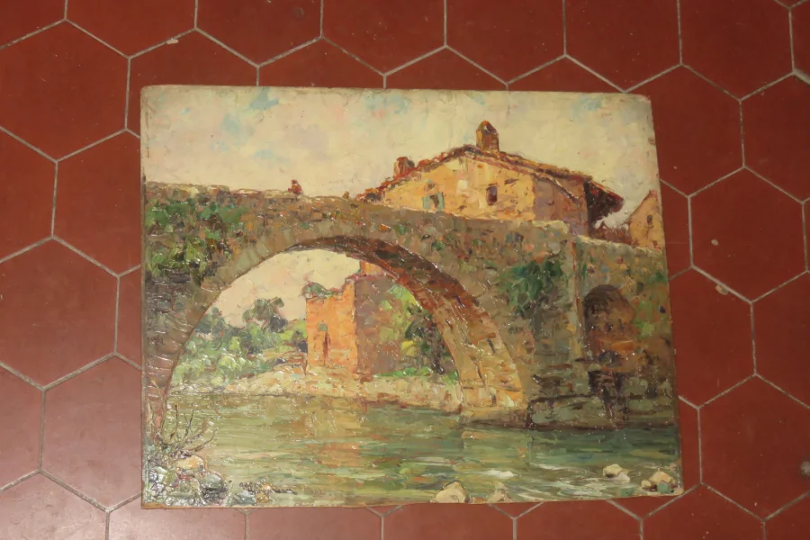 "Vieux Pont", Saint Privat, peinture sur Panneau, époque début 20 ème