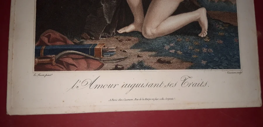 "L'Amour Aiguisant ses Traits ", eau-Forte époque fin 18ème.