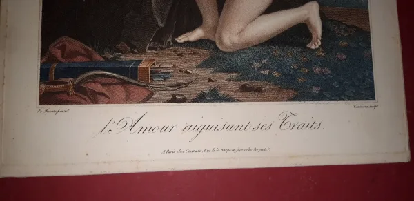 "L'Amour Aiguisant ses Traits ", eau-Forte époque fin 18ème.