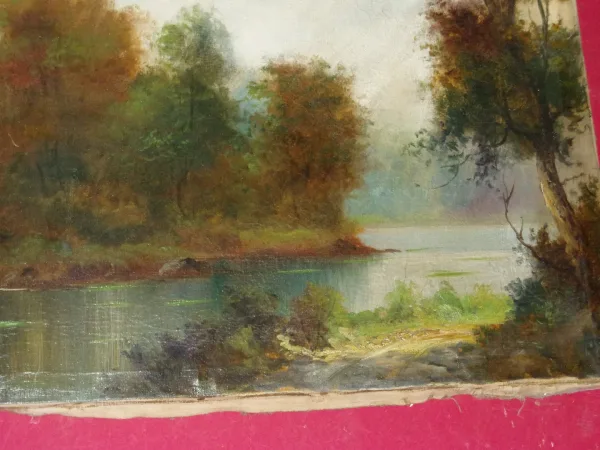 Bord d'Un Etang à l'Automne, Peinture époque 19ème.