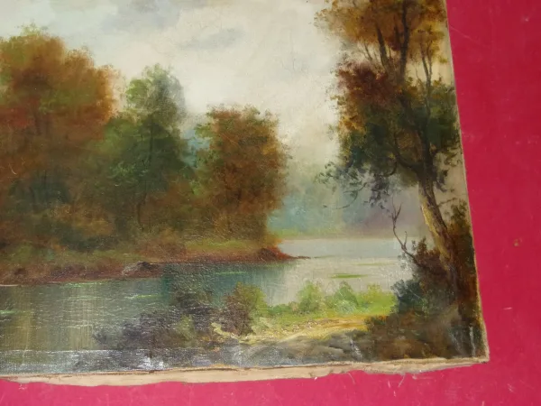 Bord d'Un Etang à l'Automne, Peinture époque 19ème.