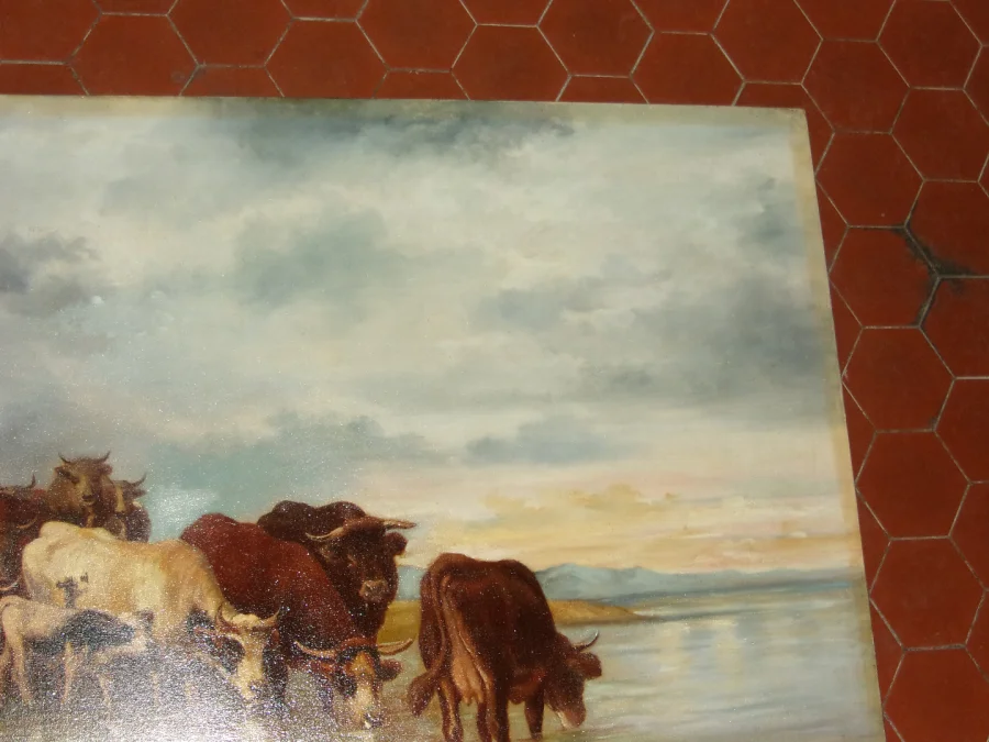 Scène d'un troupeau de vaches s'abreuvant, Tableau époque 19ème.