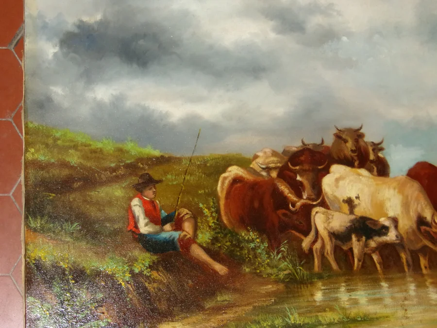 Scène d'un troupeau de vaches s'abreuvant, Tableau époque 19ème.
