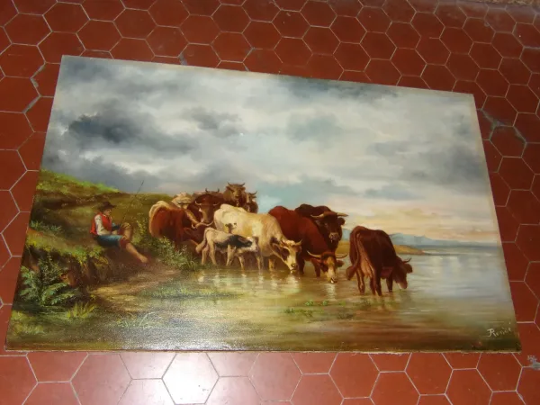 Scène d'un troupeau de vaches s'abreuvant, Tableau époque 19ème.
