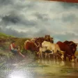 Scène d'un troupeau de vaches s'abreuvant, Tableau époque 19ème.