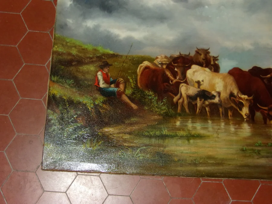 Scène d'un troupeau de vaches s'abreuvant, Tableau époque 19ème.