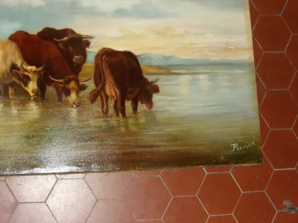 Scène d'un troupeau de vaches s'abreuvant, Tableau époque 19ème.