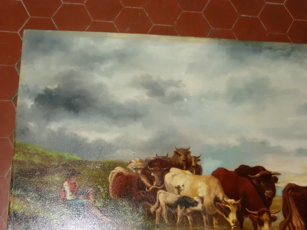 Scène d'un troupeau de vaches s'abreuvant, Tableau époque 19ème.