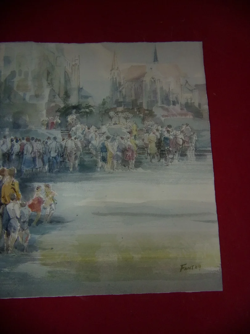 " En Attendant l'évènement ", Aquarelle Signée Guy Fantou, époque 20ème.