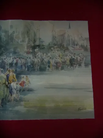 " En Attendant l'évènement ", Aquarelle Signée Guy Fantou, époque 20ème.