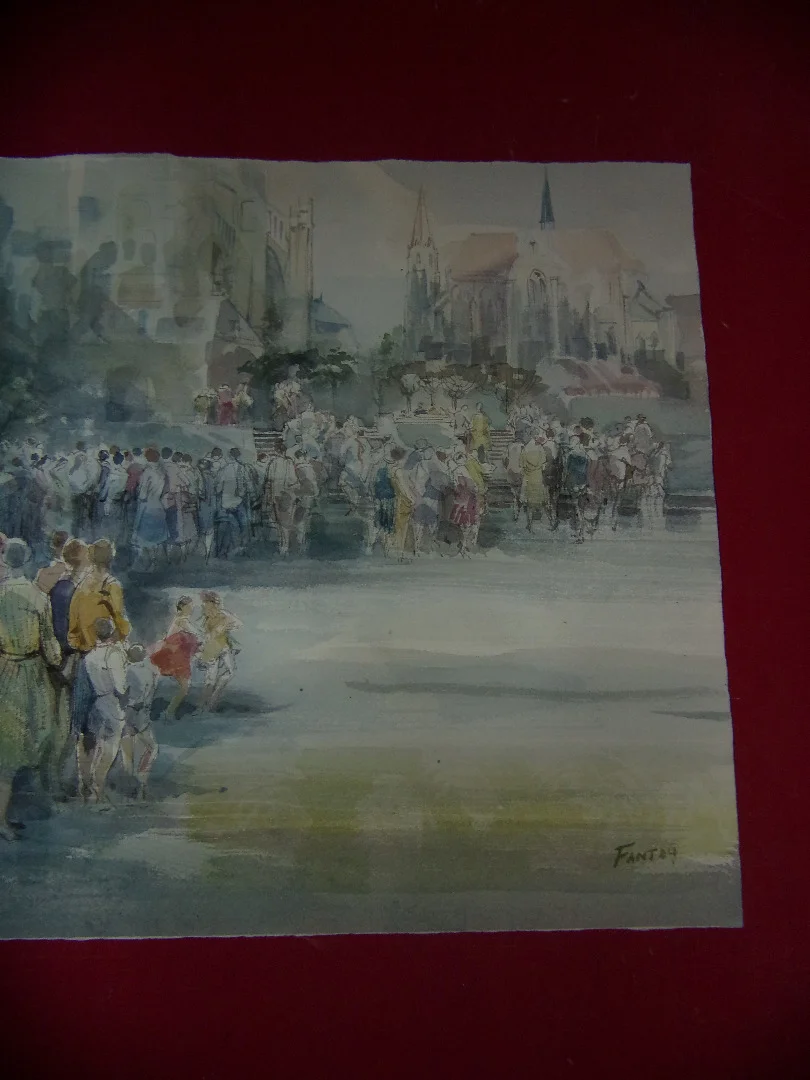 " En Attendant l'évènement ", Aquarelle Signée Guy Fantou, époque 20ème.