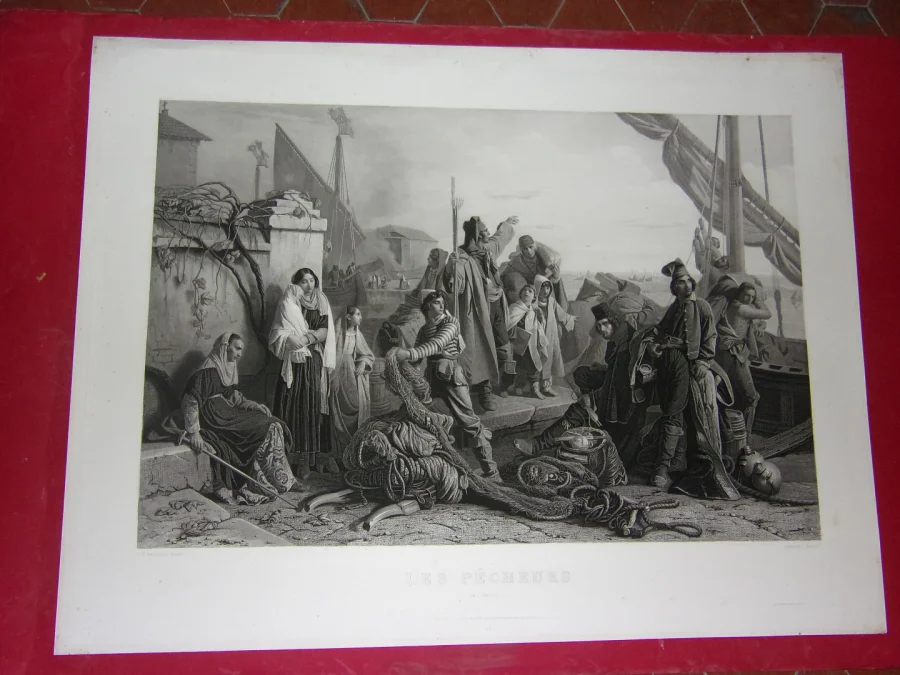 " Les Pêcheurs",  grande Gravure époque 19ème.