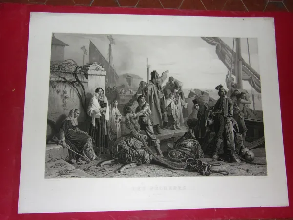 " Les Pêcheurs",  grande Gravure époque 19ème.