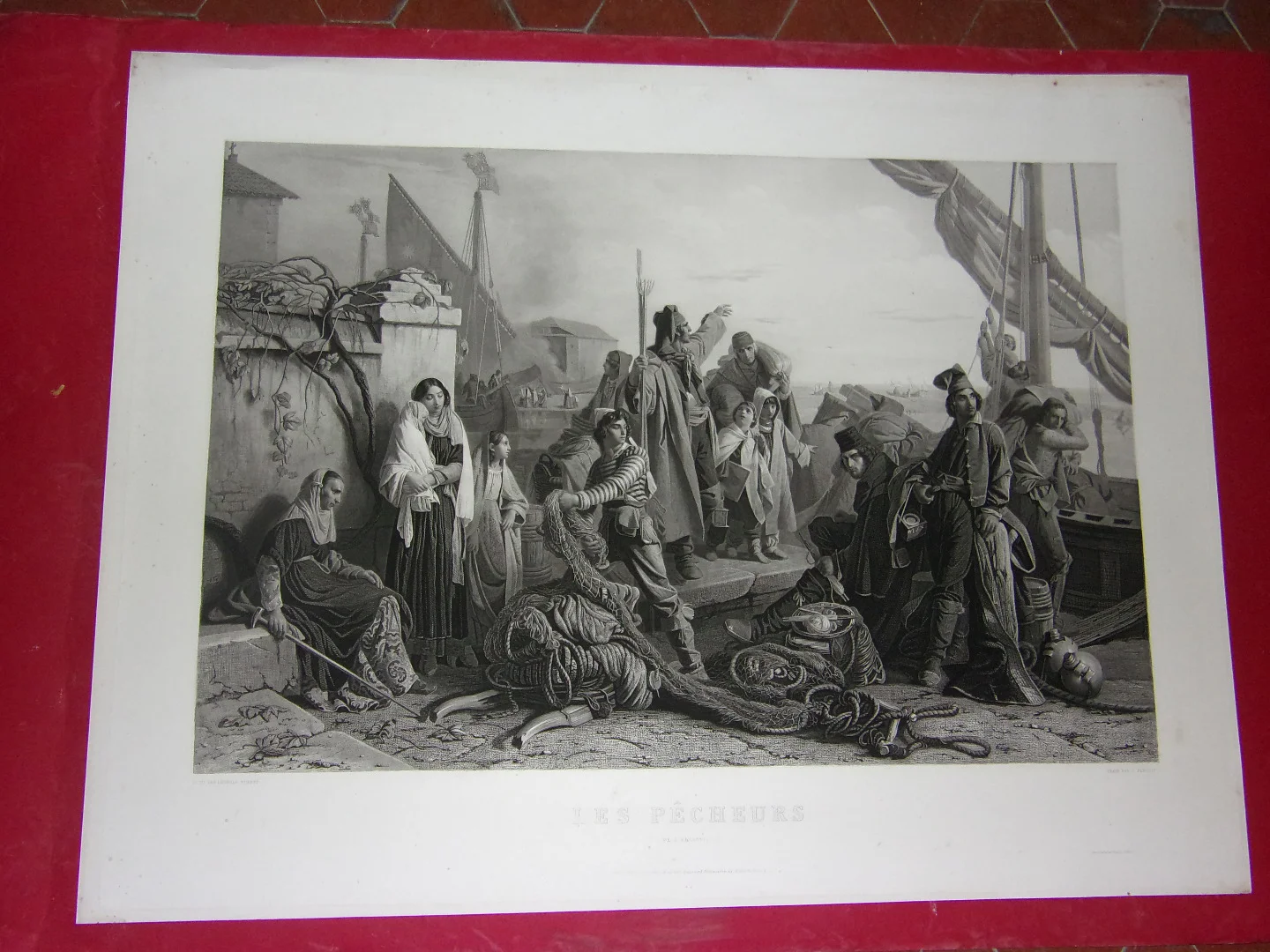 " Les Pêcheurs",  grande Gravure époque 19ème.