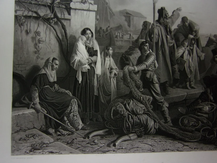 " Les Pêcheurs",  grande Gravure époque 19ème.