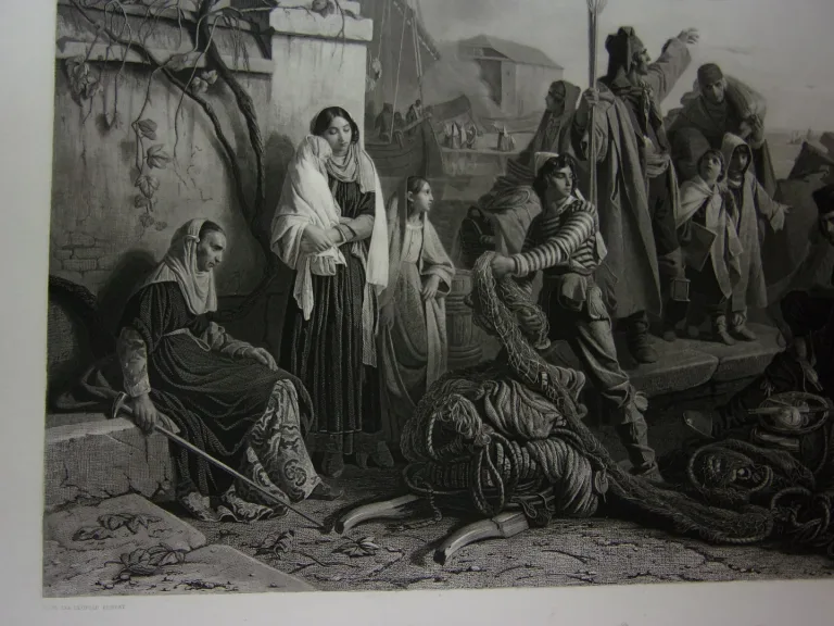 " Les Pêcheurs",  grande Gravure époque 19ème.