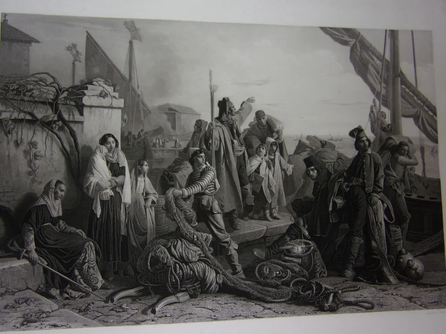 " Les Pêcheurs",  grande Gravure époque 19ème.