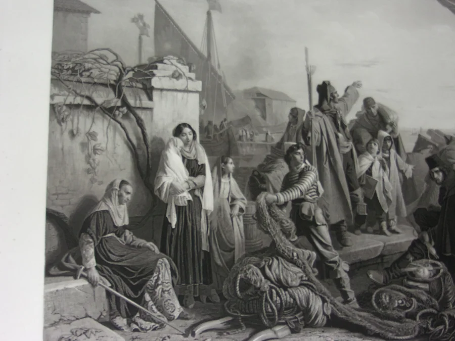 " Les Pêcheurs",  grande Gravure époque 19ème.