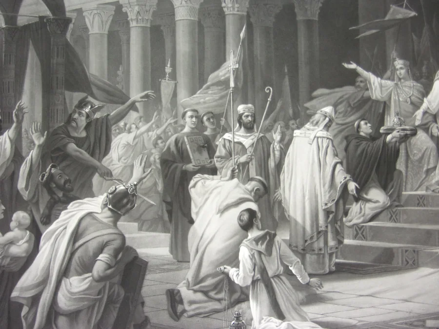 Charlemagne Proclamé Empereur, Grande Gravure époque 19ème.