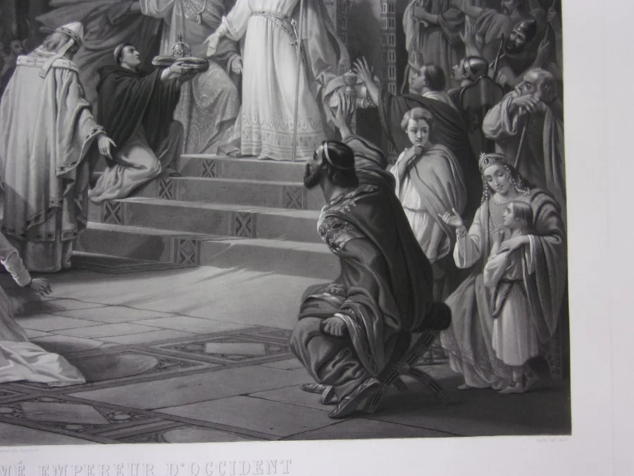 Charlemagne Proclamé Empereur, Grande Gravure époque 19ème.