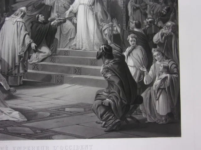 Charlemagne Proclamé Empereur, Grande Gravure époque 19ème.