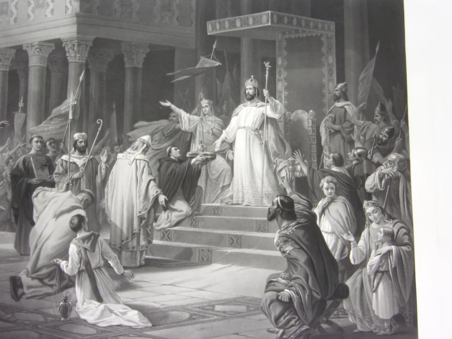 Charlemagne Proclamé Empereur, Grande Gravure époque 19ème.