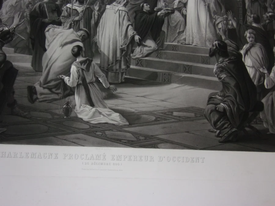 Charlemagne Proclamé Empereur, Grande Gravure époque 19ème.