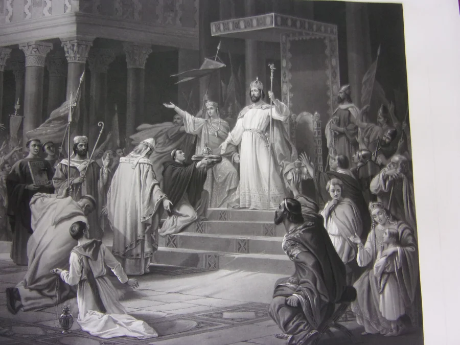 Charlemagne Proclamé Empereur, Grande Gravure époque 19ème.