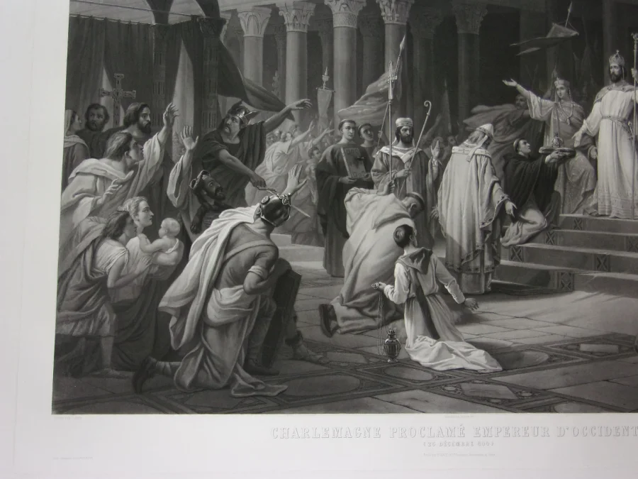 Charlemagne Proclamé Empereur, Grande Gravure époque 19ème.
