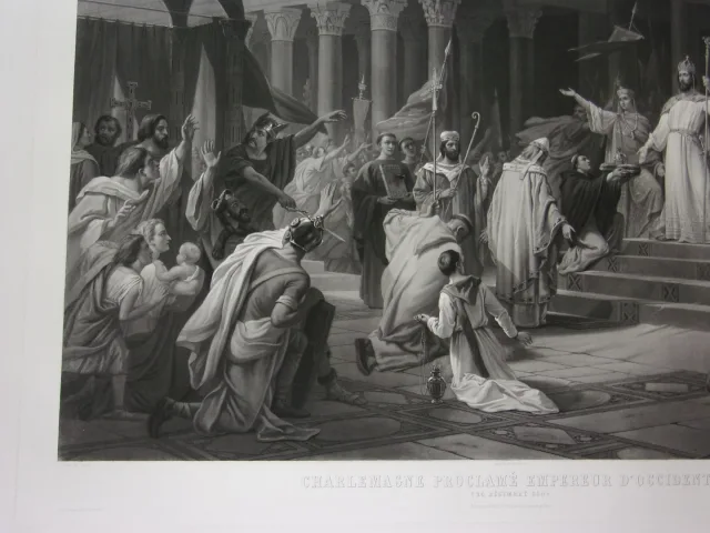 Charlemagne Proclamé Empereur, Grande Gravure époque 19ème.