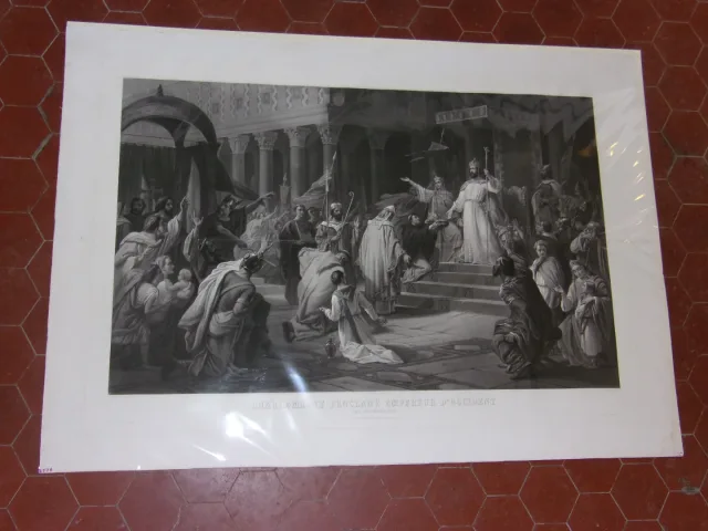 Charlemagne Proclamé Empereur, Grande Gravure époque 19ème.
