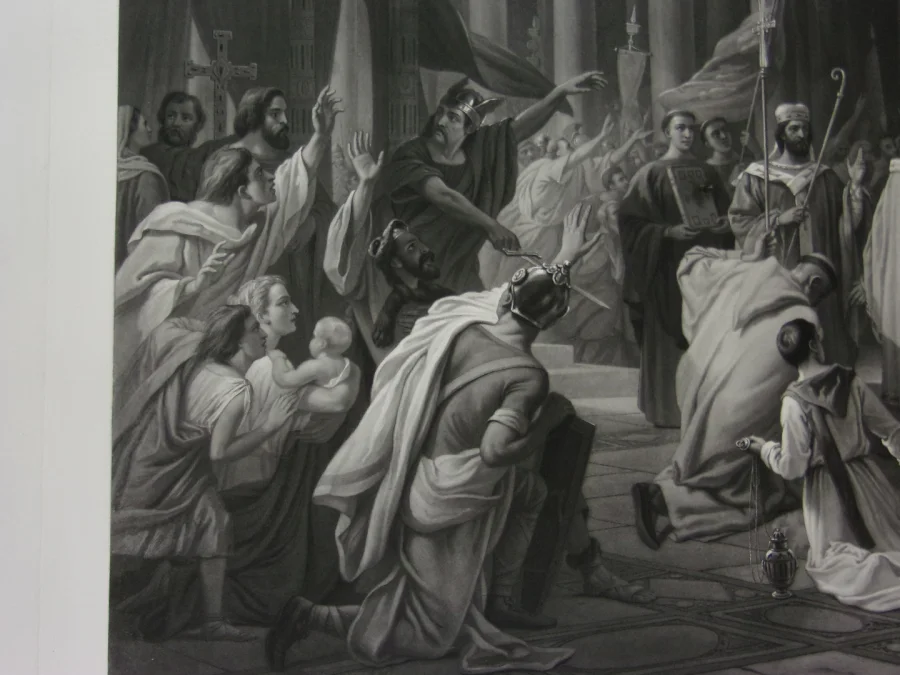 Charlemagne Proclamé Empereur, Grande Gravure époque 19ème.