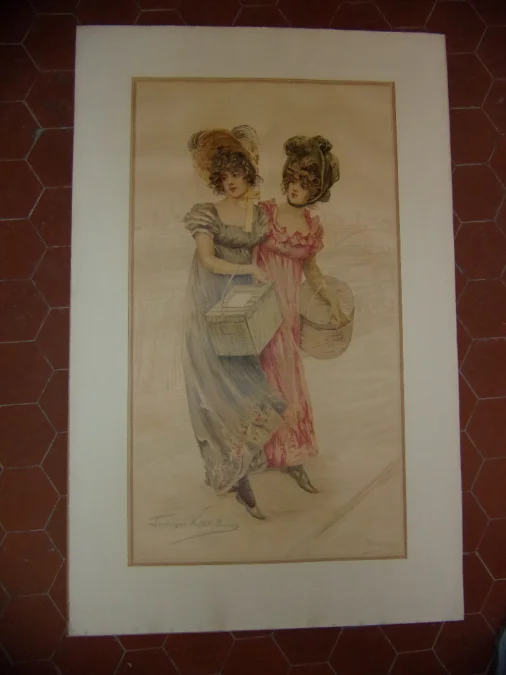 "Emplettes Sur Les Boulevards", Grande Chromolithographie époque 19 ème.