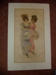 "Emplettes Sur Les Boulevards", Grande Chromolithographie époque 19 ème.